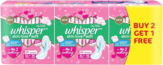 Whisper Ultra Skinlove Sanitary Pads for Women | 45 Thin XL+ Pads | Cottony Soft Top Sheet | Irritation Free | 31.7 cm Long | With Disposable Wrap