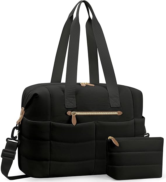 Tuwubi Travel Duffel Bag, Puffer Gym Bag for Women Weekender Overnight Bags, Carry On Luggage Tote Hospital Bag for Women Labor Delivery with Toiletry Pouch(Black, L)