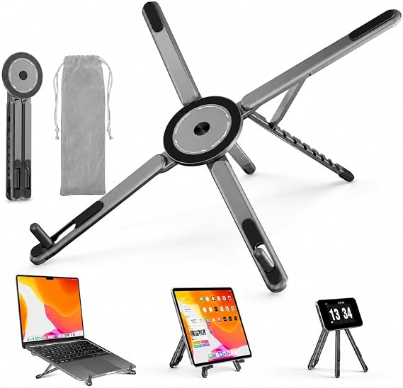 teknosepetim Dizüstü Bilgisayar Macbook Stand Magsafe İle Uyumlu Telefon Standı Manyetik Tripot 4in1 Portatif Kılıflı Alüminyum Portatif Bilgisayar Telefon Tablet İle Uyumlu Stand