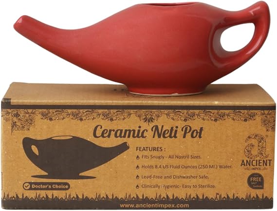ANCIENT IMPEX Ceramic Neti Pot (Red, 250 ml) with 5 Neti Salt Sachets Natural Allergy, Sinus & Congestion Relief | Ayurvedic Nasal Cleansing Pot