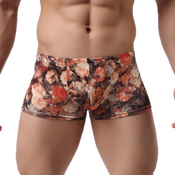 Mens Boxer Briefs Low Rise Cotton Underwear Trunk Flower Sexy Boxers