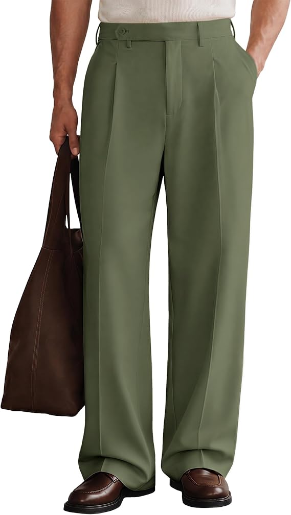 Susclude Mens Casual Dress Pants Pleated Old Money Wide Leg Baggy Pants Fall Relaxed Fit Slacks Work Trousers