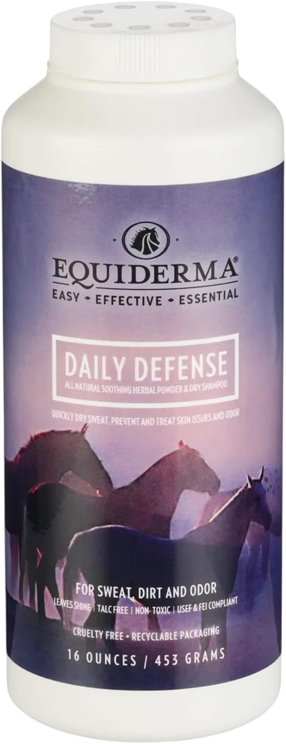 Equiderma Daily Defense Herbal Dry Shampoo Powder for Horses & Riders - 16oz Natural Skin-Soothing Blend with Silk Proteins, Lavender, Chamomile & More