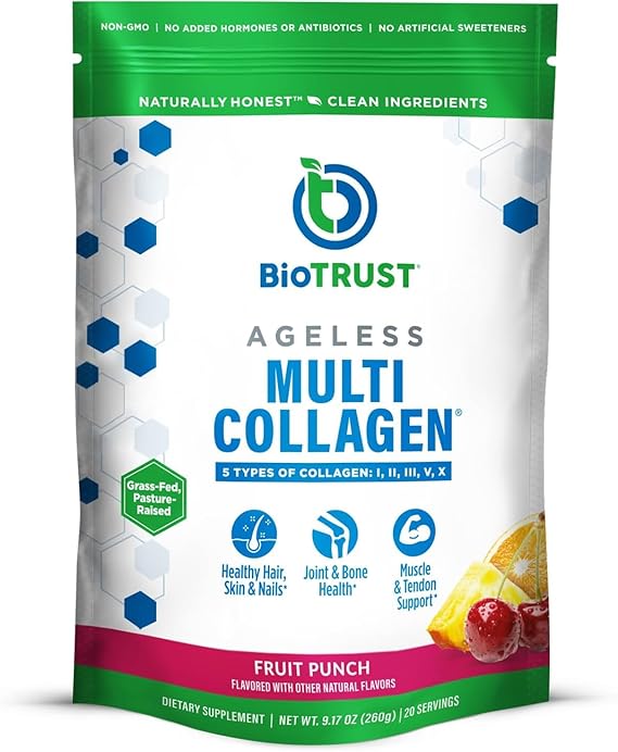 BioTrust Ageless Multi Collagen Peptides Powder - 5 Types I, II, III, V, X - Fruit Punch Collagen Powder for Women & Men - Hydrolyzed Protein - Grass Fed Beef, Fish, Chicken, Eggshell Membrane