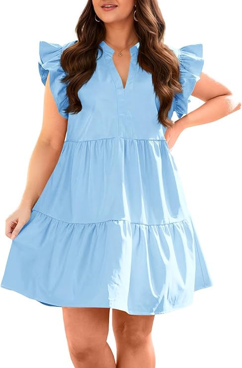 Fisoew Plus Size Dresses for Women Summer Ruffle Short Sleeve V Neck Dress Tiered Swing A Line Babydoll Mini Dress
