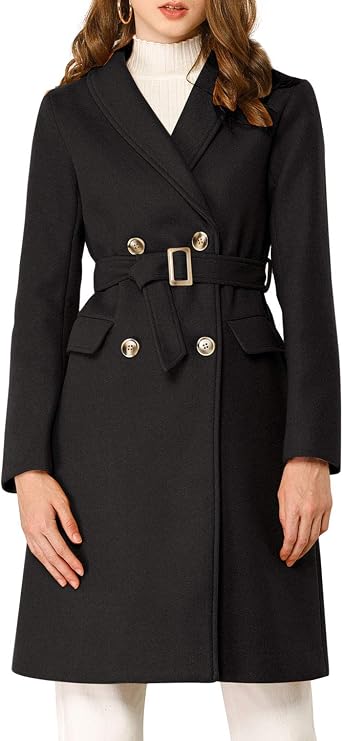 Allegra K Women Winter Double Breasted Shawl Collar Chevron Belted Coat | Two Pockets. Simple and stylish. Office, Meeting, Weekend Gathering, Dating. Dry Clean, Iron at Low Heat.