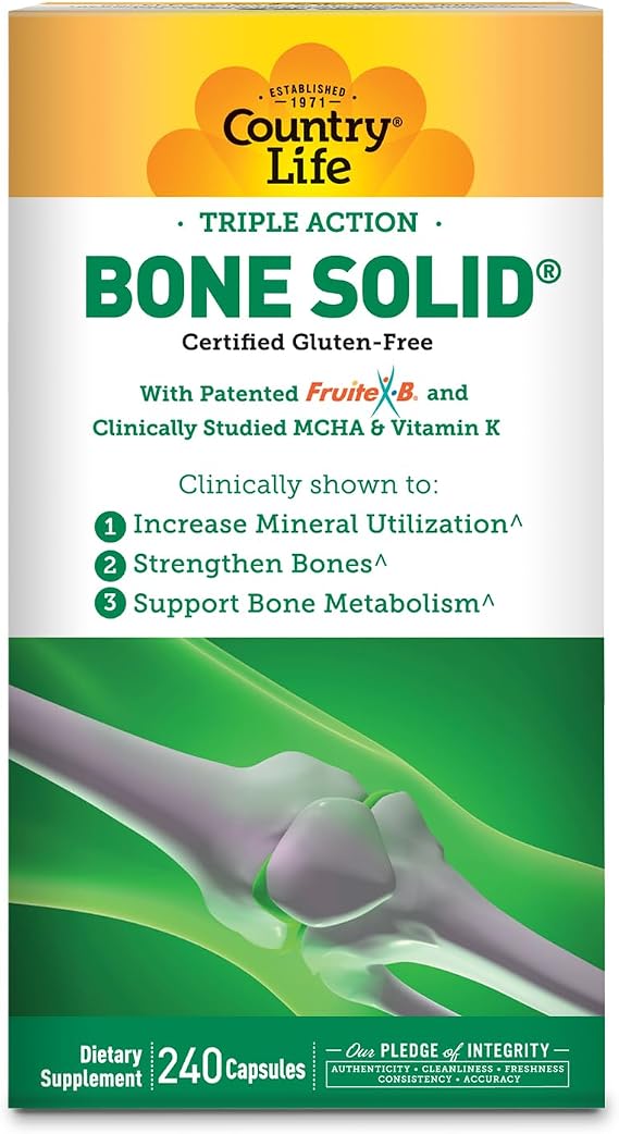 Country Life Bone Solid - Bone Health Supplement with Microcrystalline Hydroxyapatite (MCHA), Calcium, Magnesium, Zinc, Vitamins K2 & D3 for Enhanced Bone Strength & Metabolism - 240 Capsules