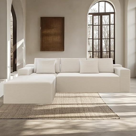 Boneless Couch Sofa Bed - Boneless Cloud Couch, Modular Sofa Sectional for Living Room, L-Shaped Couches with Corduroy Fabric, No Assembly Floor Sofas Bed (Beige Left Facing Chaise)
