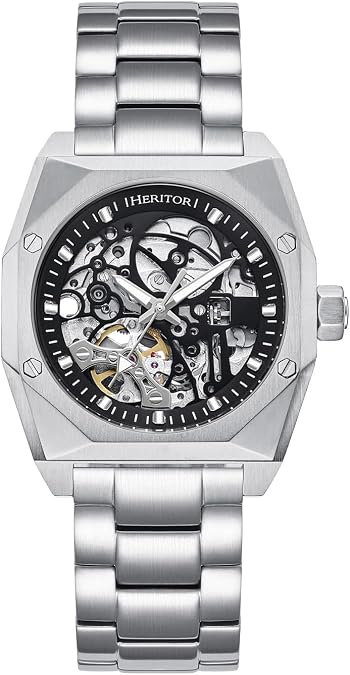 HERITOR Elliott Automatic Watch for Men 37mm Men's Skeleton Watch with Japanese Automatic Movement, 316L Stainless Steel Case, Genuine Leather Strap