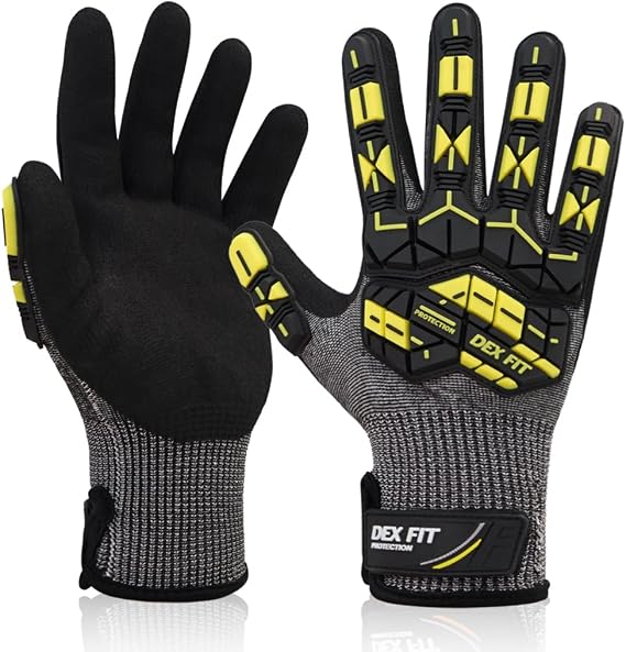 DEX FIT Level 7 Cut Resistant Gloves SSG713 Impact - Steel Fiber Protection, Sandy Nitrile Grip, Anti-Vibration, Shock Absorbing, Comfort and Dexterity, Durable and Washable; Grey M (8) 1 Pair
