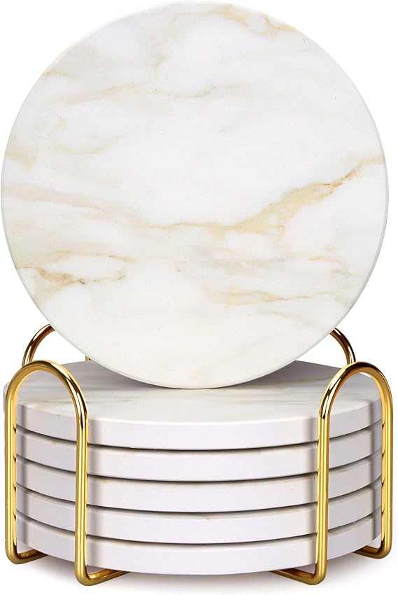 White Marble Style Ceramic Coasters Set of 6 with Holder Modern Coffee Table Decor Drink Coaster Gifts Absorbent Stone Coasters for Rustic Farmhouse Bar