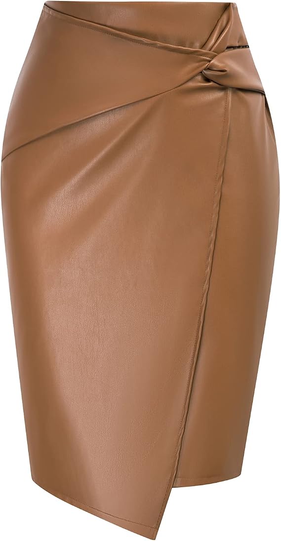 Kate Kasin Women Faux Leather Midi Skirt, High Waist Wrap Bodycon Skirts