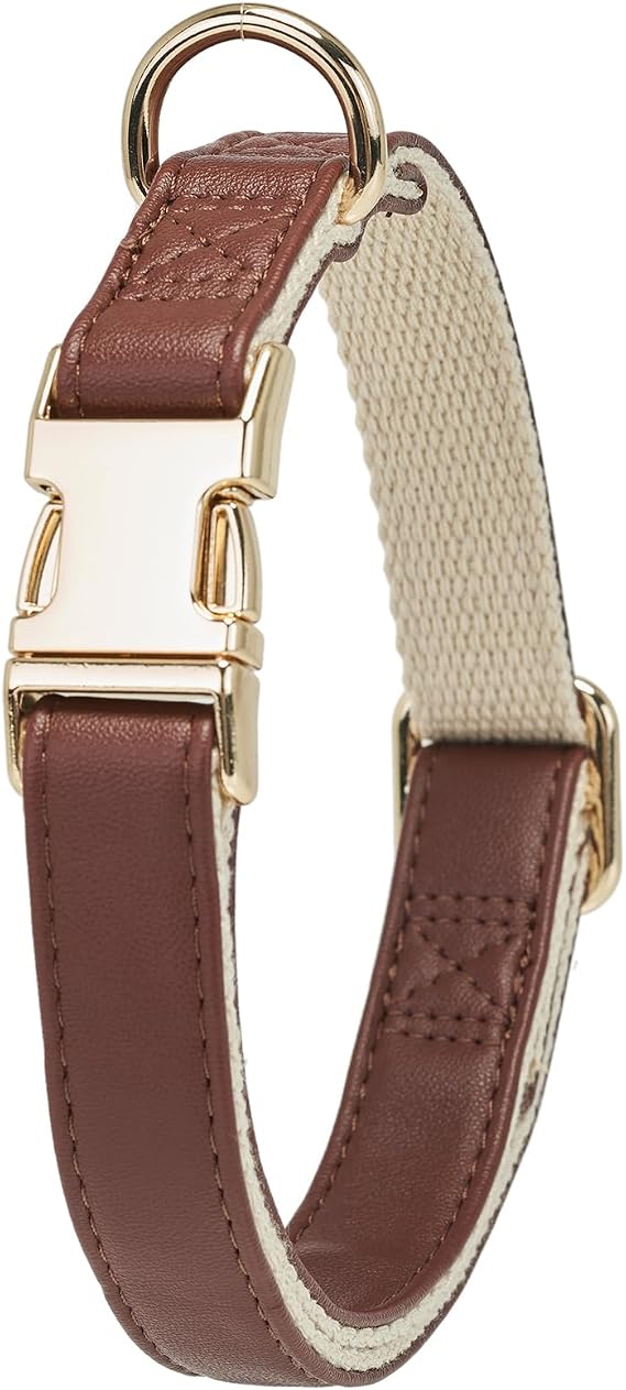 Soft Leather Dog Collars with Safety Quick Release Metal Buckle,Natural Cotton Padded Pleather Collar for Medium Dogs with Senstive Skin,Brown
