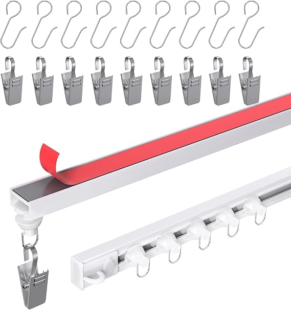 Self Adhesive Ceiling Curtain Track, 9.8 FT Flexible Cuttable No Drill Curtain Rail, Stick On Ceiling Mount Curtain Rod for Room Divider, Window, Closet, RV, Includes Hooks and Clips