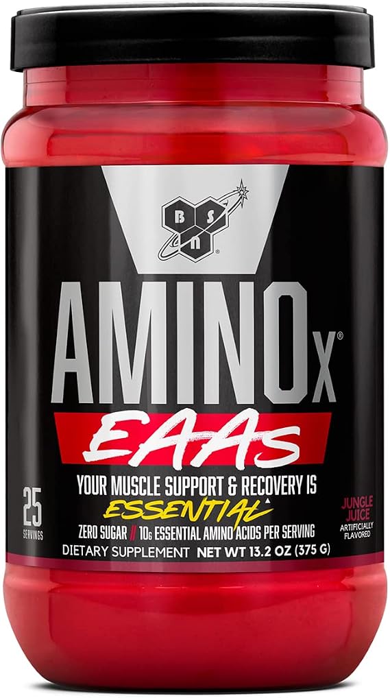 BSN Amino X EAAs, Muscle Recovery and Endurance, 10g Essential Amino Acids, 5g BCAAs, Zero Sugar, Caffeine Free, Jungle Juice, 13.2oz, 25 Servings