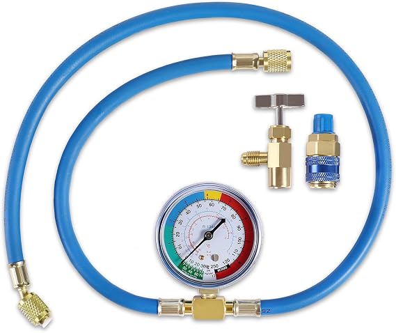 YSTOOL AC U Charge Hose with Gauge Car Refrigerant R134a Recharge Tool Kit | Auto Air Conditioner Charging Hose 250PSI Low Pressure Meter Brass 1/4" Female Parts R134a Can Tap Quick Coupler, 43" Long