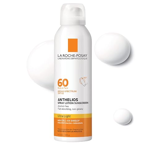 La Roche-Posay Anthelios Ultra-Light Sunscreen Spray Lotion SPF 60, Spray Sunscreen For Face & Body, Broad Spectrum SPF + Antioxidants, Oil Free, Alcohol Free, Water Resistant 80 Min., 5 Fl. Oz.