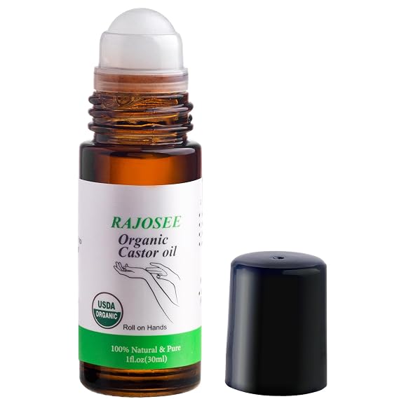 RAJOSEE Castor Oil Roll on in Glass Bottle, Certified Organic Castor Oil Roller for Body Hair Skin Lip Eyebrow Pure Organic Cold Pressed Essential Oil - 1fl.oz
