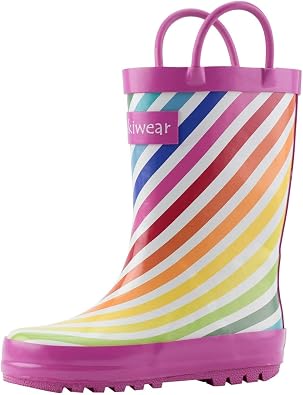 OAKI Toddler Rain Boots Lightweight Waterproof Rubber Boots for Kids with Easy-On Handles Durable Kids Outdoor Footwear, Rainbow Stripes, 10T