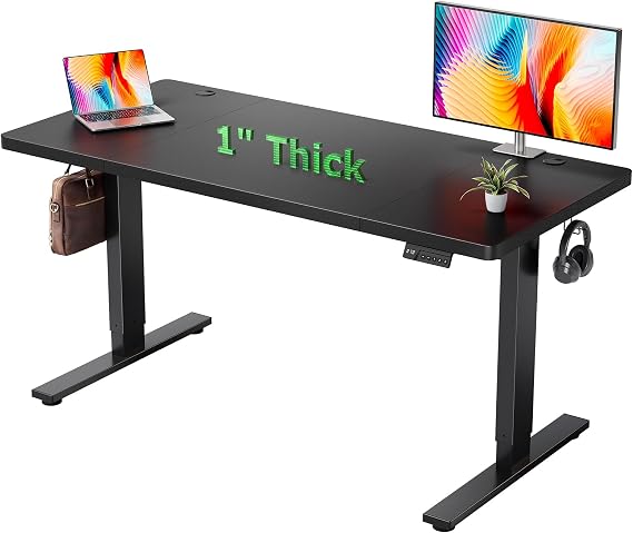 Electric Standing Desk Adjustable - 60x28 Inch Sit Stand Desk with 1 Inch Thick Tabletop, Double Beam Frame, 3 Memory Height Adjustment, Cable Management for Home Office