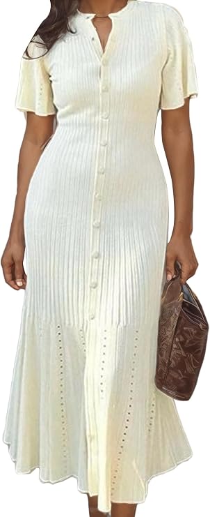 LAJIOJIO Women Ribbed Knit Long Dress Button Down Fall Wedding Guest Dress