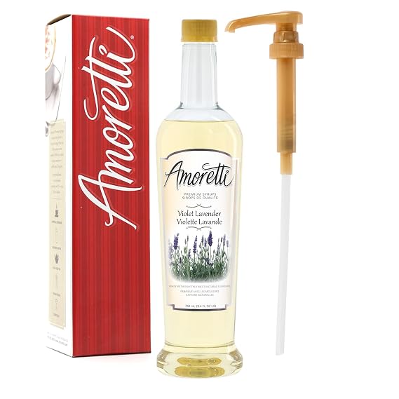Amoretti - Premium Violet Lavender Syrup, 94 Servings Per Bottle (750 ml), with Pump for Flavoring Coffees, Cocktails, and other Beverages, Gluten Free, GMO/GEO Free, Preservative Free