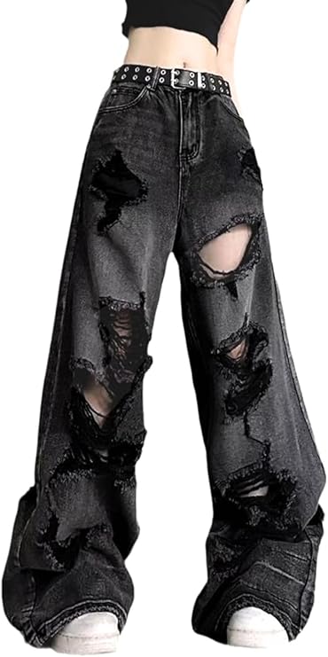 Baggy Jeans for Women Men Ripped Straight Leg Pants High Waisted Distressed Jeans Y2K Grunge Summer Clothes. | Baggy Jeans Y2k,Ripped Jean,High Rise,Distressed Pants,Gothic Pants,Classic 4 Pockets,Grunge Clothes,Summer Outfits