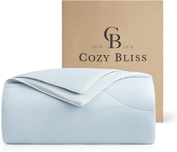 Cozy Bliss Cooling Comforter Queen Size, Reversible Lightweight Cooling Blankets for Hot Sleepers and Night Sweats, Q-Max>0.45 Soft Breathable Silky Smooth Summer Comforter, Cool Blue, 90"x90"