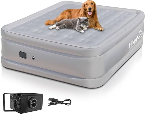 Air Mattress Queen with Built in Wireless Battery Pump, Blow Up Inflatable Mattress for Camping,Guest Air Bed, All Fabric, 21'' Grey Queen