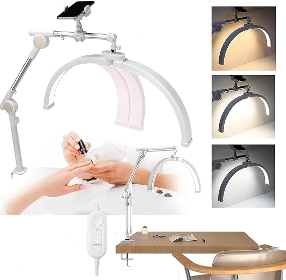 Desk Light, Half Moon Light, Desk Lamp, Nail Lamp, 32 W Folding Nail Tech Lamp, Clamp LED Electric Stand, 308 LED Ultra Bright, Desk Light, For Nails, Stepless Dimming, 3 Color Temperature Tattoo Light, S