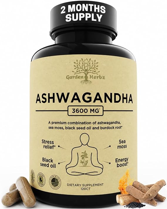 Organic Ashwagandha Supplement for Women & Men 3600 mg, Sea Moss Capsules