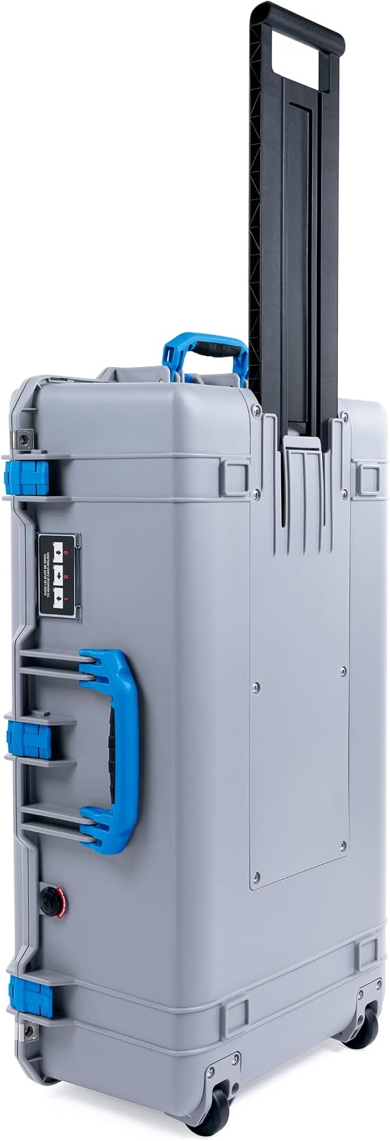 Silver Pelican 1615 case, with blue handles & latches.  empty, with wheels.