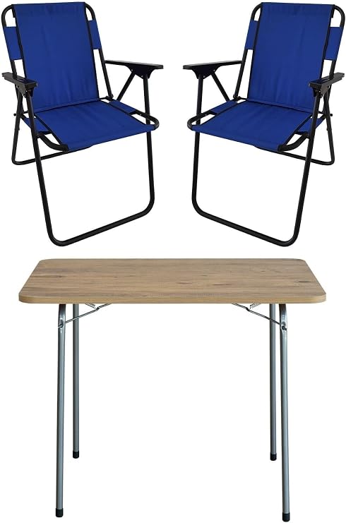Bofigo 60X80 Pine Patterned Folding Table + 2 Folding Chairs Camping Set Garden Set Blue