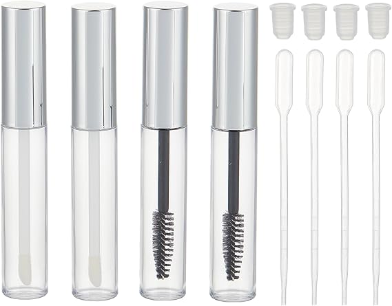 NICENEEDED 4 Pcs Empty Mascara Tube and Wand, Lip Gloss Tubes, Lash Spoolies with Tube, Eyelash Growth Packing Tube Container with Droppers and Stoppers for Home and Travel