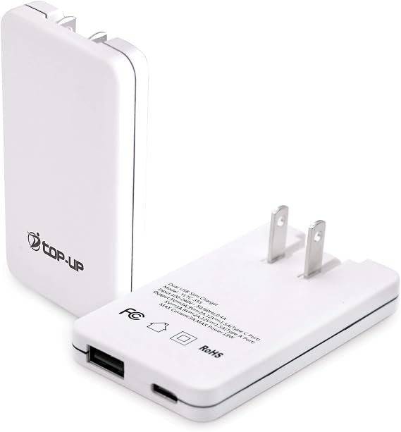 TOP-UP Flat USB Wall Charger 18W PD Ultra Slim Dual Port USB-C & USB-A Fast Charging Adapter for iPhone 17/16/15/14/13/12 Pro Max/Air, iPad, AirPods, Samsung Galaxy S24/S23, Google Pixel, More