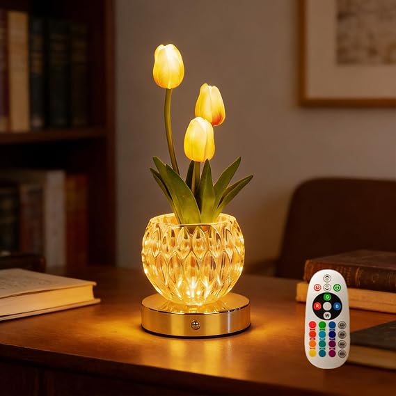 AVEKI Crystal Table Lamp, 16 Color Touch Tulips Vase Light with Remote Control, Dimmable Artificial Flowers Desk Lamp Decor for Date Party Home, Romantic Gift for Woman Mom (Tulips-Pink) [Energy Class A]