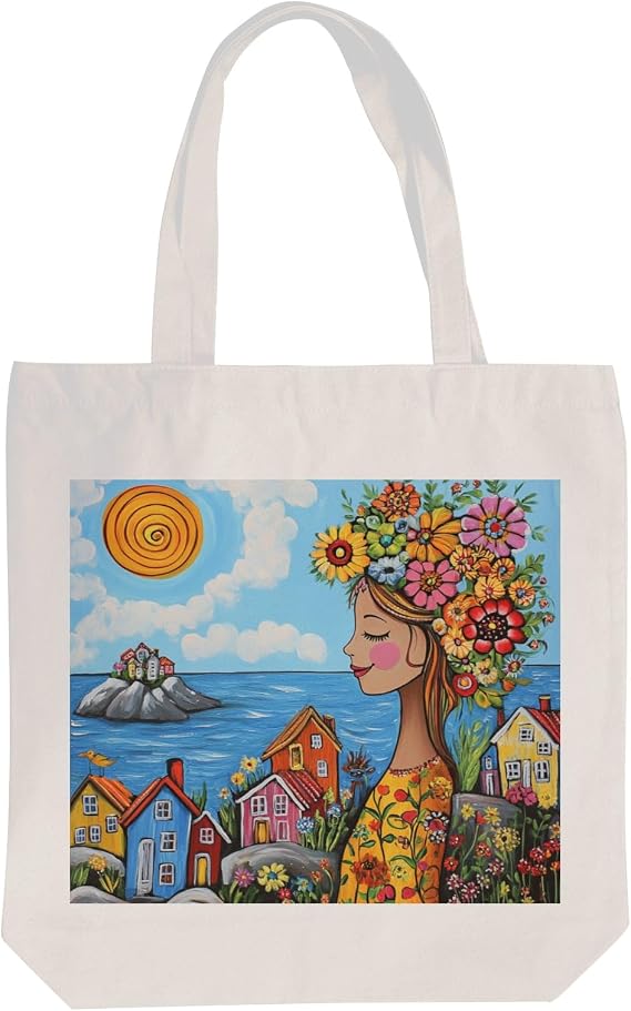 happy stylish woman with flower Canvas Tote Tote Bag For Women Canvas for Shopping Grocery Bag