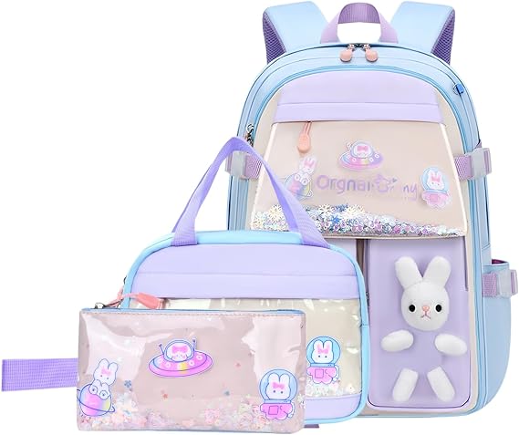 VIDOSCLA 3Pcs Bunny Backpack for Girls Kawaii Kids Backpack Girls Backpack with Lunch Box Set-3Pcs Purple S