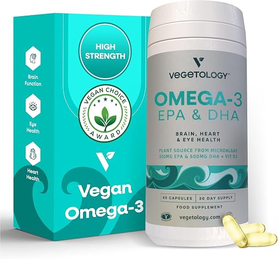 VEGETOLOGY Vegan Omega 3 Supplement (60 Capsules) Omega-3, EPA, Vitamin D3 & DHA Supplements - Algae Omega 3 Vegan Supplements for Brain, Eye, Heart Health Omega 3 for Kids & Adults
