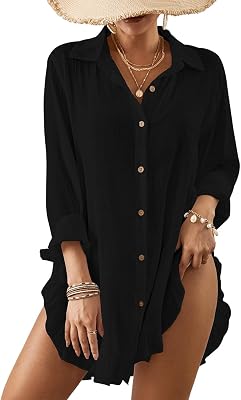 Bsubseach Long Sleeve Swimsuit Coverup for Women Button Down Bathing Suit Cover Up Shirt Casual Beach Dress Black S