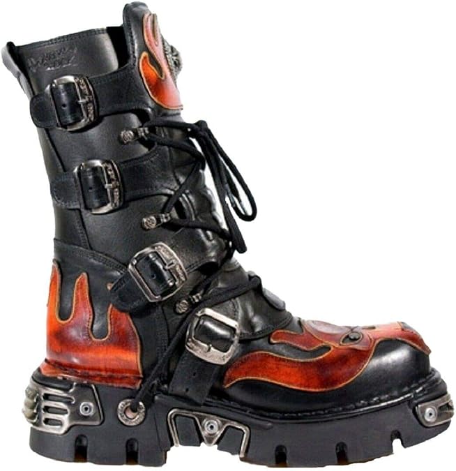 New Rock NEWROCK 107-S1 Red Skull Devil Black Leather Boot Biker Goth Rock Boots