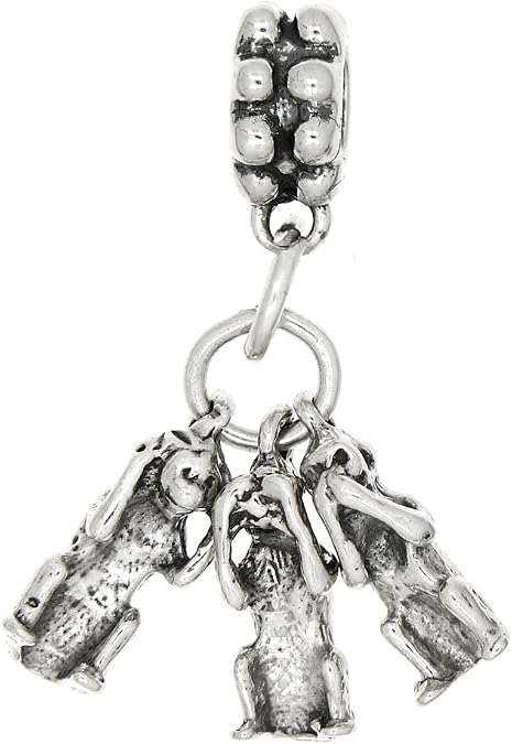 Sterling Silver Oxidized 3D 3 Monkeys See Hear Speak No Evil Dangle Bead