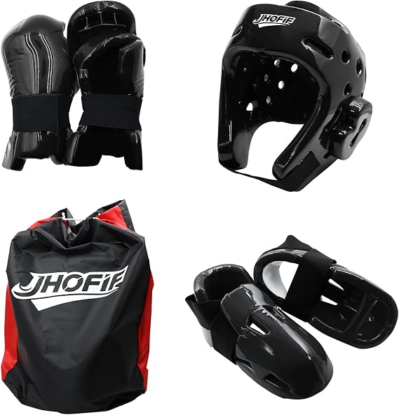 Martial Arts Karate Protective Sparring Gear Package Deal/Gift Adjustable Adult & Youth Headgear, Gloves & Kicks for MMA, Taekwondo, Boxing Training (Black, Large)