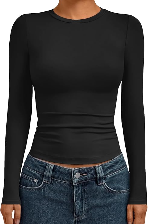 AUTOMET Womens Crew Neck Long Sleeve Shirts Compression Underscrubs Tops | Gym to Street, High Stretch, Buttery-Soft, Pairs with Jeans or Skirts, Travel Ready Staple, Versatile Layering Staple