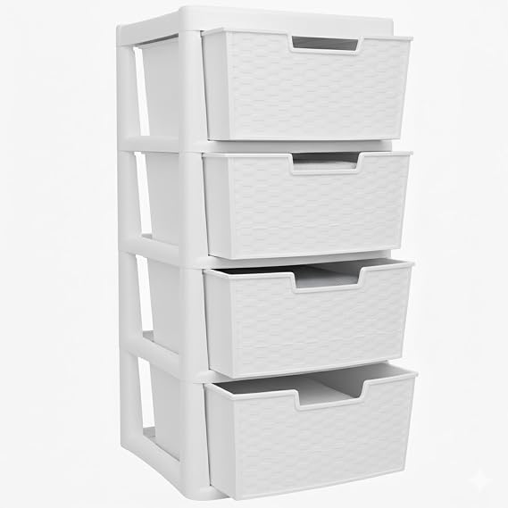 Large Rattan Storage Drawers - 4 Drawer Modular Storage Tower - Home Office Garage Storage Solution - White Chest Drawers Organization - 80cm (H) x 39cm (D) x 39cm (W)
