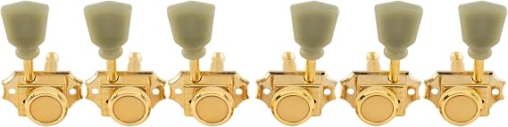 Musiclily Pro Vintage Style 3L+3R Guitar Locking Tuners String Tuning Pegs Keys Machine Heads Set for Les Paul Style Electric or Acoustic Guitar, Gold with Green Keystone Button