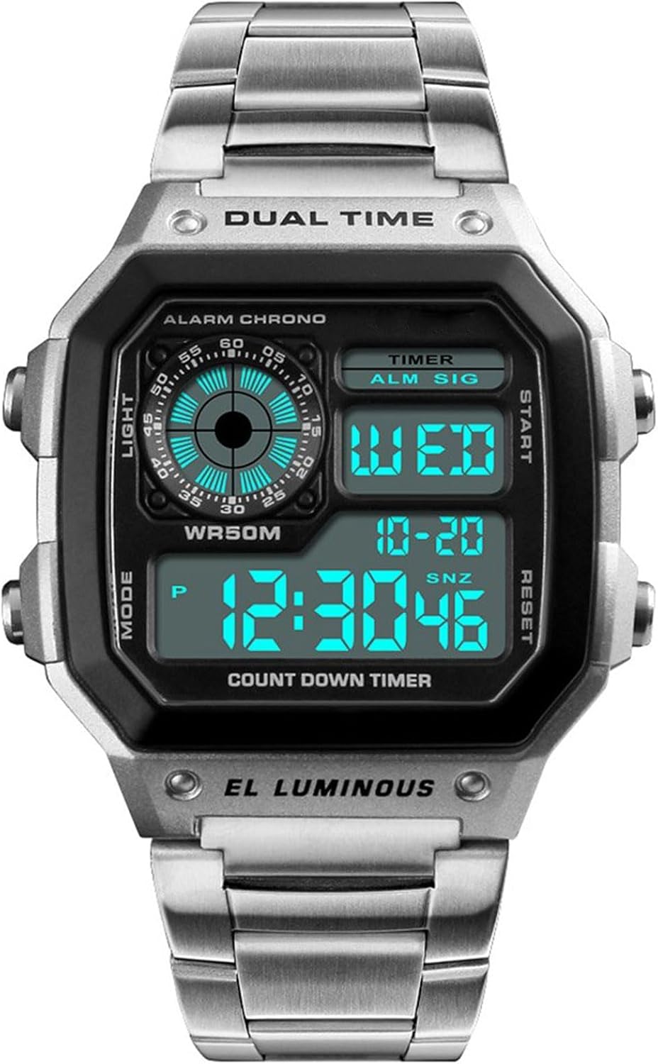 Fashion Sports Stainless Steel LED Digital Alarm Chronograph Waterproof Multifunction Men Quartz Watch