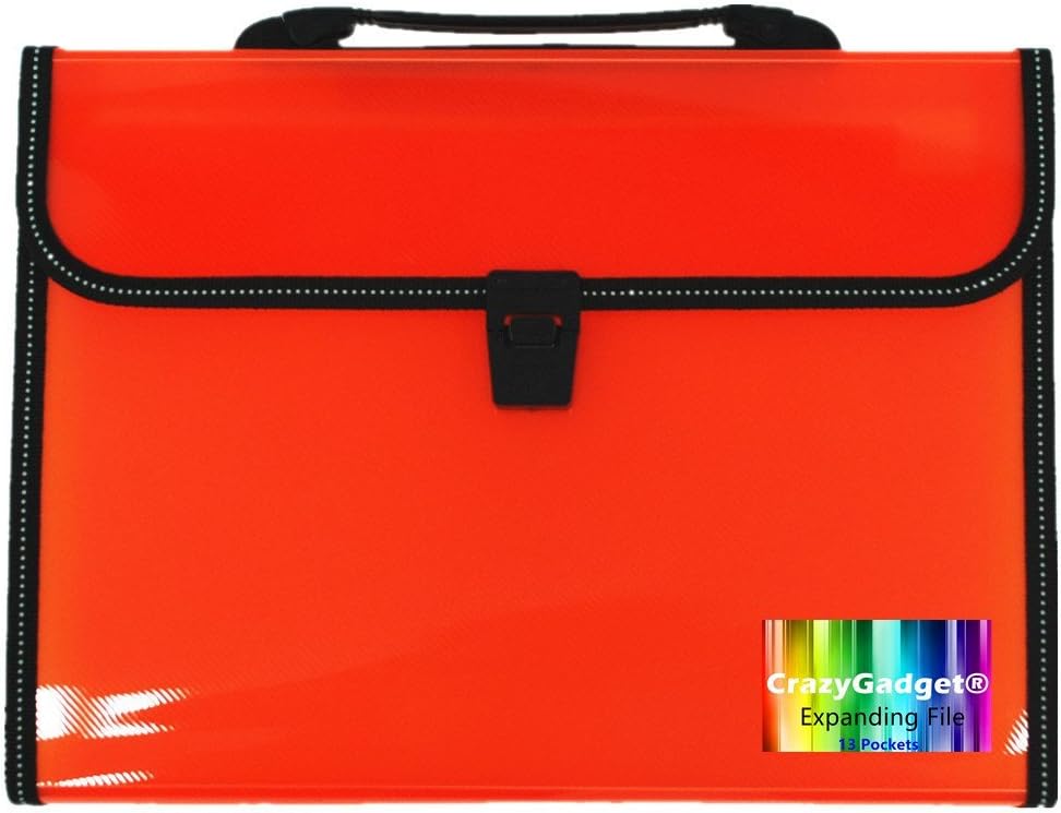 A4 Office Home School Expanding File 13 Pockets Document Organiser Folder Storage Case with Handle (Orange)