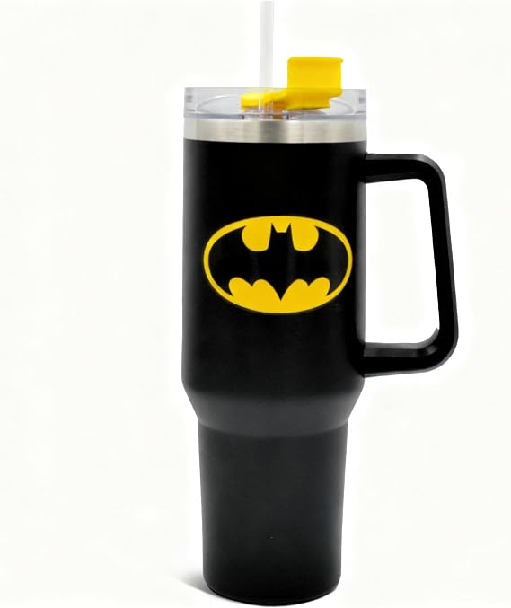 Batman 1200ml Insulated Stainless Steel Tumbler + Handle and Straw – Official DC Comics Travel Mug - Double‑Walled Vacuum Flask for Work, School, Gym & More - Cold 17Hrs or Hot 5Hrs