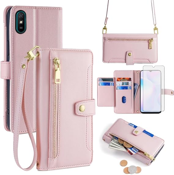 Asuwish Phone Case for Xiaomi Redmi 9A 9AT Redme 9i Wallet Cover with Tempered Glass Screen Protector and Zipper Card Holder Slot Magnetic Kickstand Accessories Redmi9A A9 Redmi9i i9 Women Rose Gold